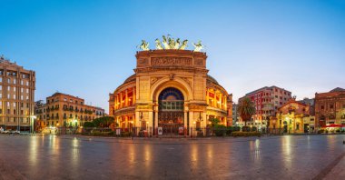 Palermo, Sicily, Italy at Teatro Politeama and square at twilight.