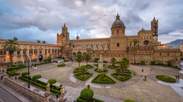 Palermo Itália Catedral Anoitecer Até Noite — Vídeo de Stock