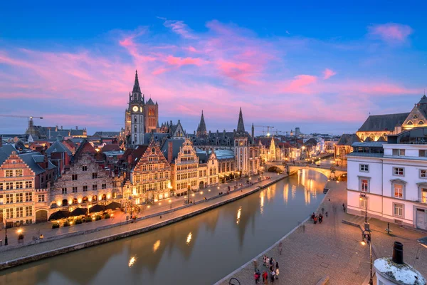 Gent Belgiens Gamla Stadsbild Från Graslei Området Skymningen — Stockfoto