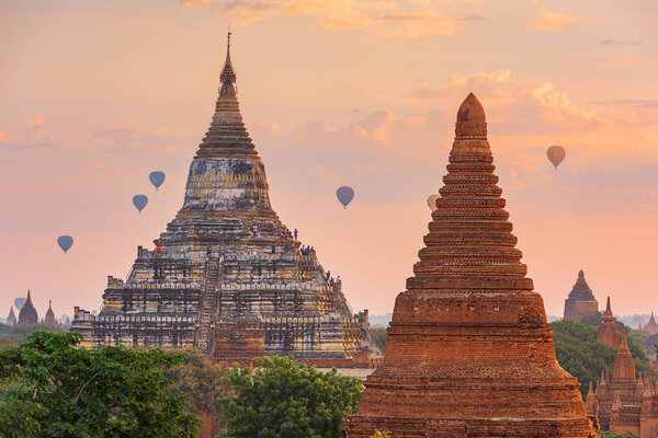 Bagan, Myanmar with Balloon at dawn.