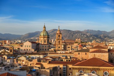 Palermo, Sicily town skyline with landmark towers in the morning.