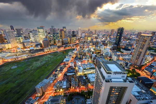 Osaka Japan Stadsgezicht Vanuit Lucht Het Umeda District Bij Zonsondergang — Stockfoto