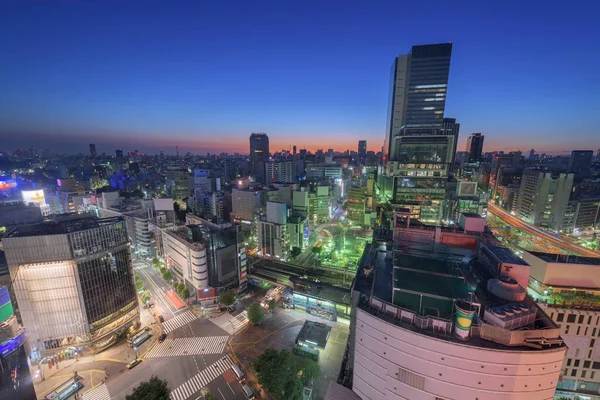 東京都渋谷区夕暮れ時のスクランブル交差点を見下ろす街並 — ストック写真