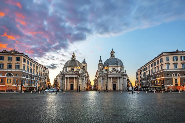 Igrejas Gêmeas Piazza Del Popolo Roma Itália Crepúsculo — Fotografia de Stock