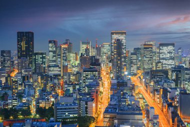 Osaka, Japonya alacakaranlıktaki şehir manzarası.