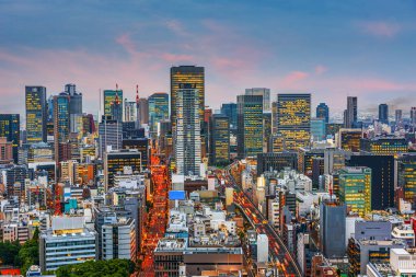 Osaka, Japonya alacakaranlıktaki şehir manzarası.