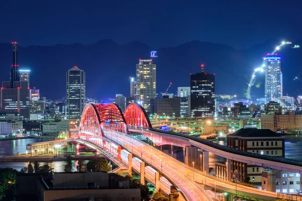 Kobe Japon Paysage Urbain Avec Pont Kobe Ohashi Nuit — Photo