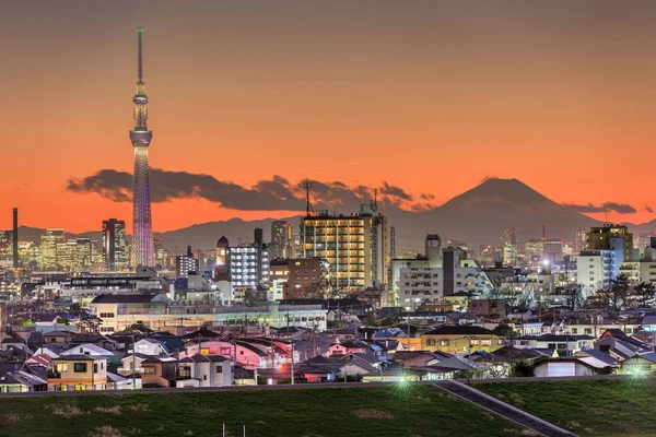 山と日本のスカイライン 夕暮れ時の富士山と有名な塔 — ストック写真