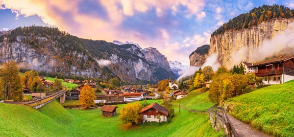 Lauterbrunnen Switzerland Beautiful Morning Panorama Autumn Season — Stock Photo, Image