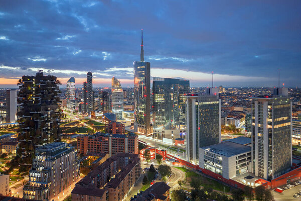 Milan, Italy cityscape of the Porta Nuova financial district at dawn.