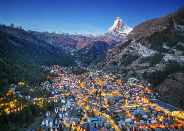 Zermatt Switzerland Alpine Village Matterhorn Blue Hour — Stock Photo, Image