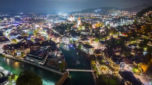 Thun Schweiz Lichtshow Von Oben Bei Nacht — Stockvideo