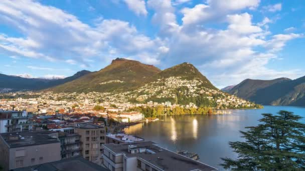Lugano Suíça Lago Lugano Anoitecer Até Noite — Vídeo de Stock