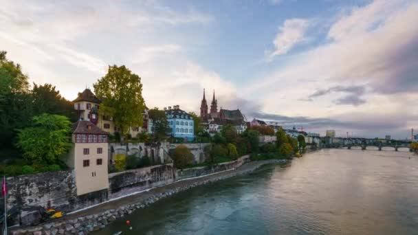 Базель Швейцария Рейне Сумерках Осенью — стоковое видео