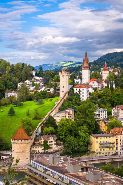 Lucerne Schweiz Vid Den Medeltida Musegg Wall Och Torn — Stockfoto