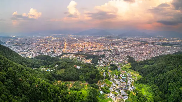 Місто Нагано Японія Панорамою Міського Пейзажу Сутінках Від Гори Асахі — стокове фото