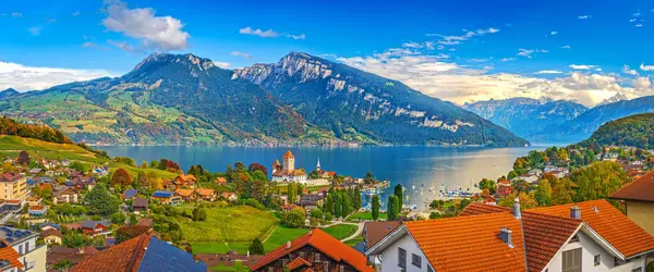 Шпіц Швейцарія Озері Тун Початку Осені — стокове фото