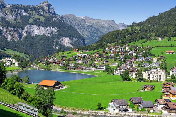 Engelberg, Switzerlan with Eugenisee Lake and alps.