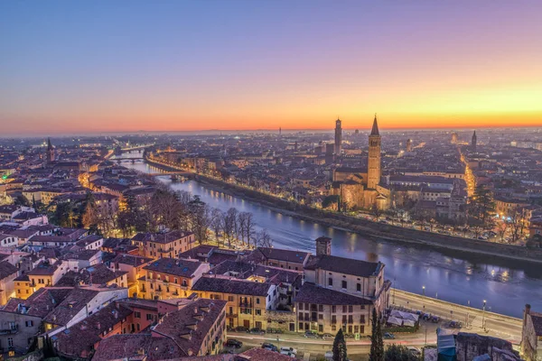 Verona Italy Skyline Adige River Dusk — Stock Photo, Image