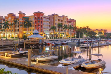 Napoli, Florida, ABD şehir silueti şafakta su üzerinde.
