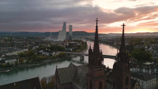 Basel Zwitserland Stadsgezicht Bij Zonsopgang — Stockvideo