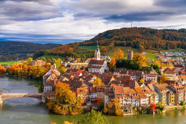 Laufenburg Schweiz Vid Floden Rhen Hösteftermiddag — Stockfoto