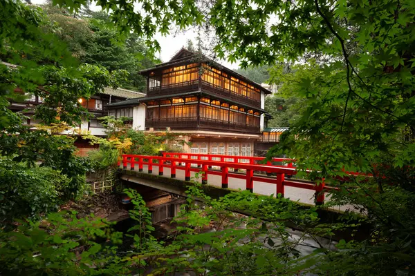 Shima Onsen Gunma Japan Traditionelle Architektur Der Abenddämmerung lizenzfreie Stockfotos
