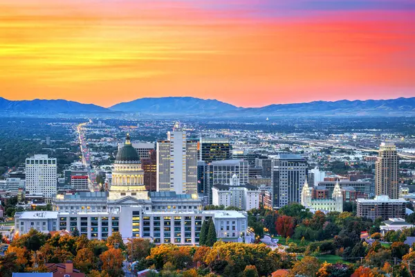 Salt Lake City Utah Usa Centrum Skyline Bij Dageraad Stockfoto