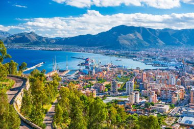 Palermo, Italy skyline overlooking the port in the afternoon.