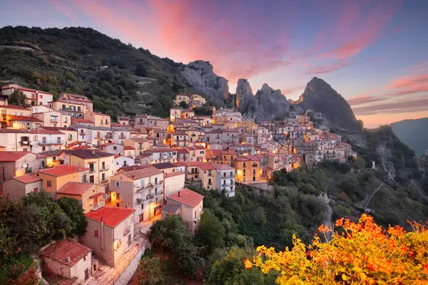 stock image Castelmezzano, Italy townscape in the Basilicata region at dawn.