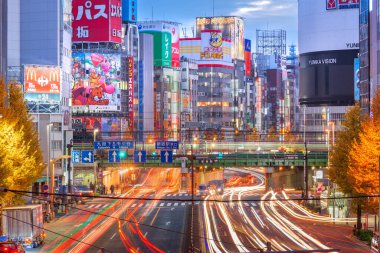 TOKYO, JAPONYA - 21 ARALIK 2015: Alacakaranlıkta trafik olan Shinjuku bölgesi. Bu bölge ünlü bir gece hayatı merkezidir..