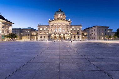 Bern, Switzerland with the Federal Palace of Switzerland at blue hour. (