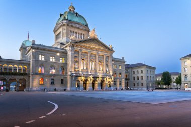 Bern, Switzerland with the Federal Palace of Switzerland at blue hour. (