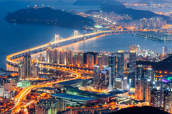 Busan, South Korea aerial skyline view at night.