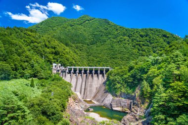 Toyama ve Gifu illeri sınırındaki Sho Nehri 'ndeki Narude Barajı, Japonya.