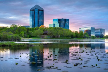 Bloomington, Minnesota, ABD Normandale Gölü şehir manzarası şafak vakti.