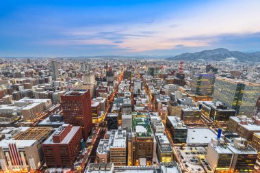 Sapporo, Hokkaido, Japonya şehir merkezinden alacakaranlıkta gökyüzü.