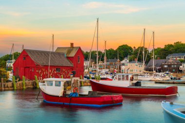 Rockport, Massachusetts, USA downtown and harbor view at dusk.