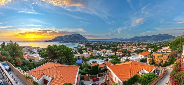 Palermo, Sicily, Italy in the Mondello borough from above at dawn.