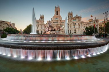 Madrid, Spain at Plaza de Cibeles at twilight.