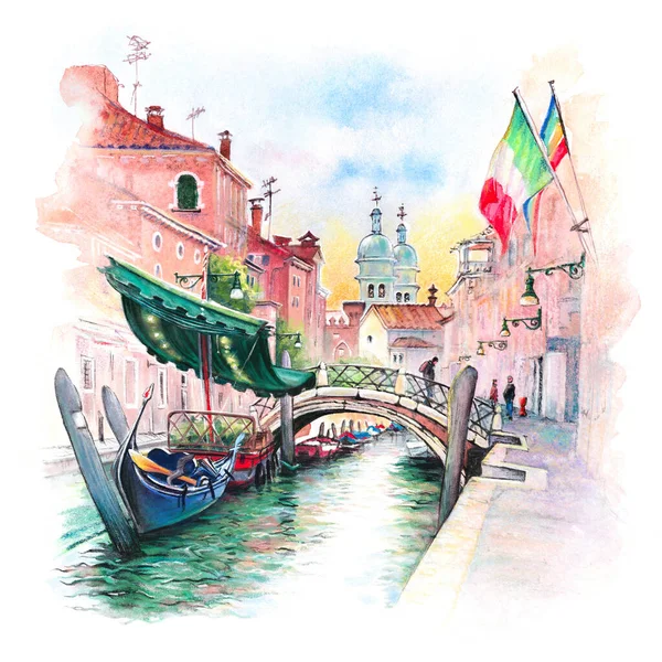 彼らの朝 ヴェネツィア イタリアでサンバラバ運河 明るい家やゴンドラの水彩画のスケッチ — ストック写真
