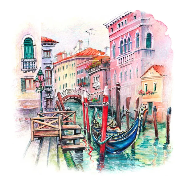 Akvarelový Náčrt Kanálu Santi Giovanni Paolo Gondoly Kotvišť Benátky Itálie — Stock fotografie