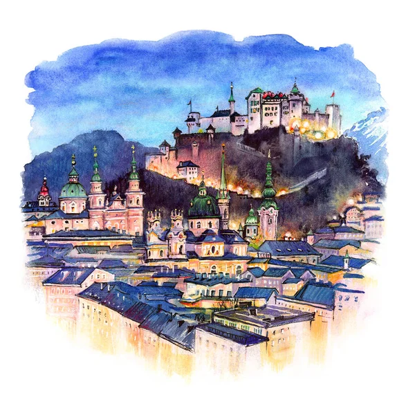 Färg Akvarell Skiss Natten Salzburg Österrike — Stockfoto