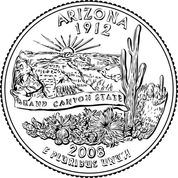 Dinheiro Americano Eua Washington Quarto Dólar Arizona Centavos Moeda Prata — Vetor de Stock