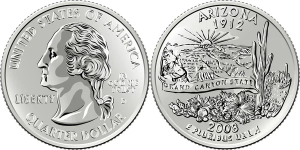 American Money Usa Washington Quarter Dollar Arizona Cent Silver Coin — Stock Vector