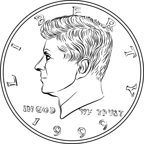 Americká Mince Půl Dolaru Johnem Kennedym Lícní Straně Černobílý Obrázek — Stockový vektor