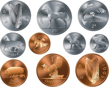 Vector set of Irish money Pre-decimal gold and silver coins Penny clipart