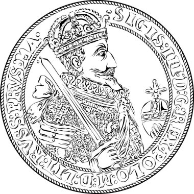 Vector silver crown thaler of Sigismund III Vasa 1627, obverse with king, Black and white clipart