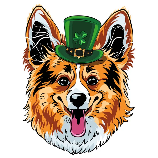 ヒップスター犬ペンブロークウェールズのコーギー品種で緑Leprechown帽子とともにクローバーの葉 — ストックベクタ