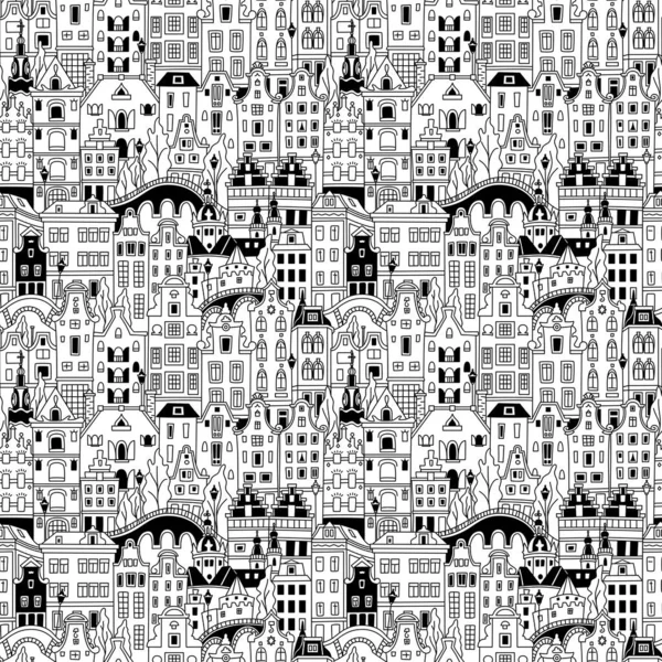 Черно Белый Бесшовный Рисунок Амстердамским Каналом Типичными Голландскими Домами Голландия — стоковый вектор